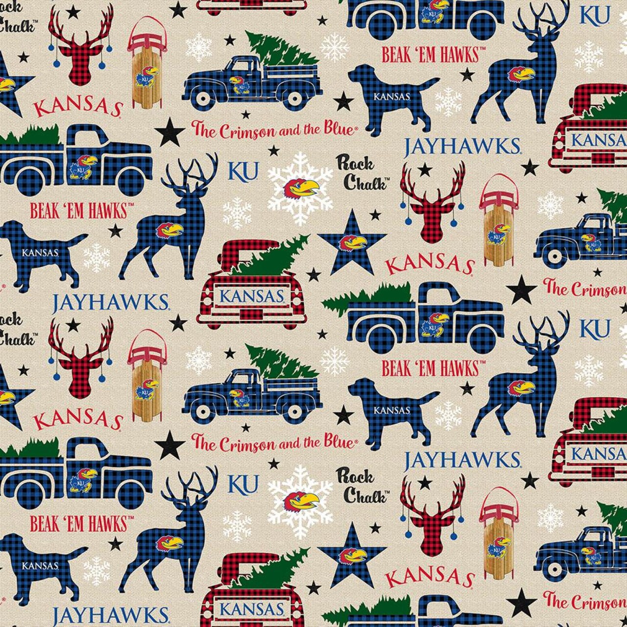 Sykel Enterprises-University of Kansas Cotton Fabric-Kansas Jayhawks Christmas Cotton Quilting Fabric